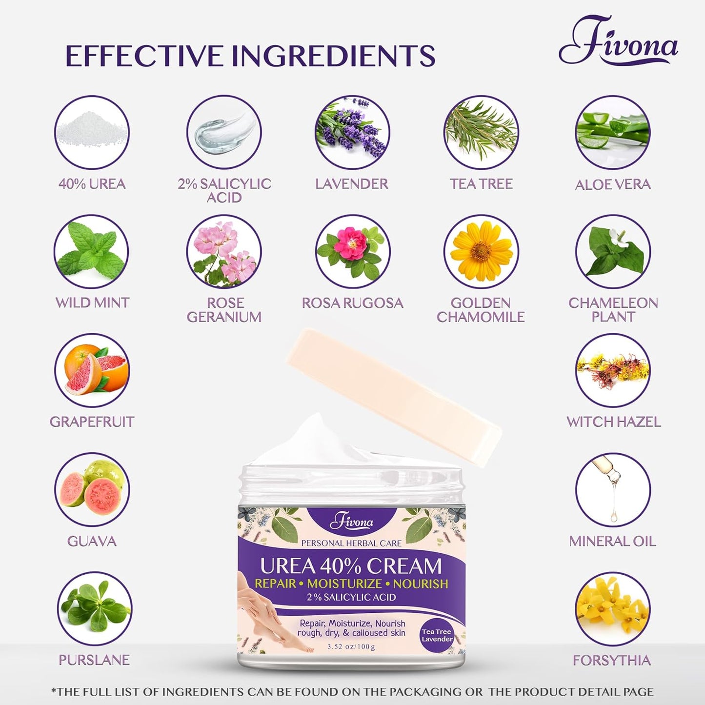FIVONA 40% Urea Cream with 2% Salicylic Acid - Foot Cream with Tea Tree and Lavender Extracts Foot Lotion for Dry Cracked Heels, Dead Skin & Callus Remover, Feet Moisturizer Repair Cream