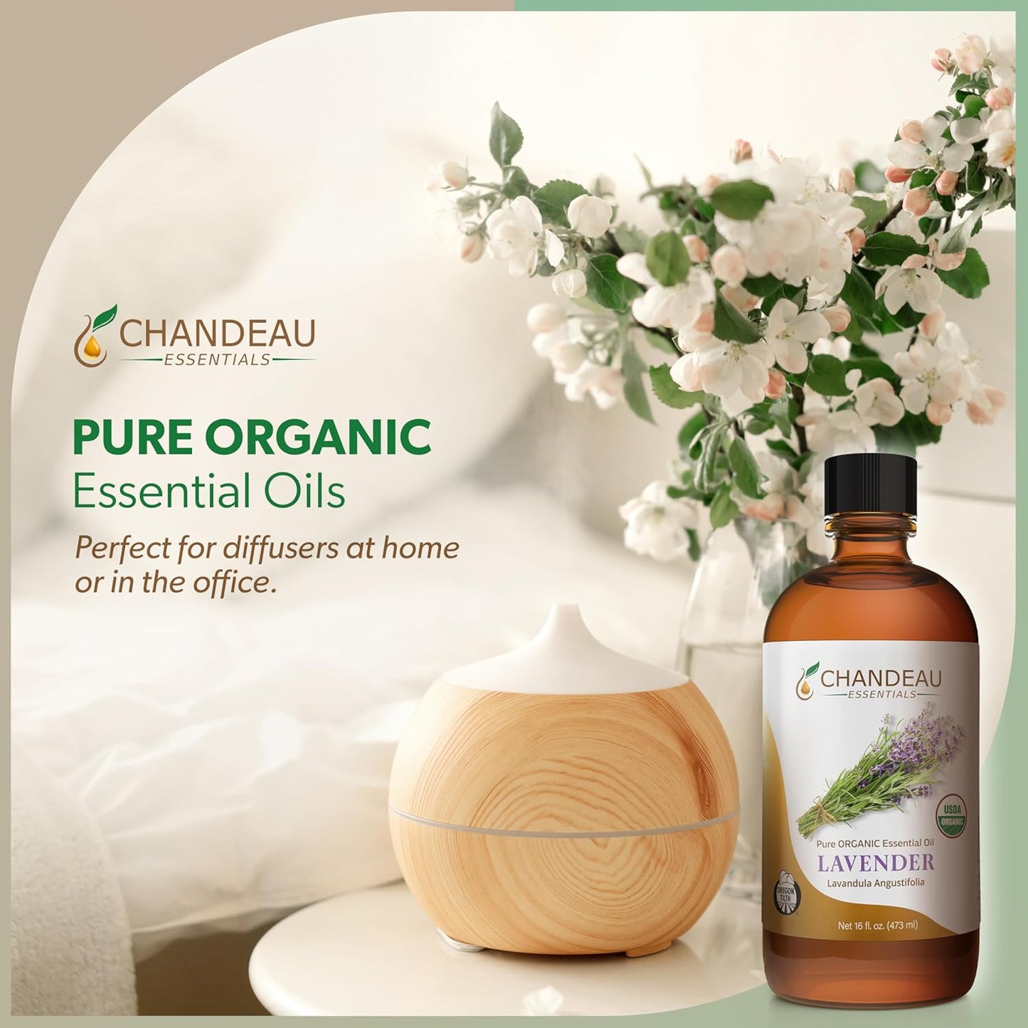 100% Pure Organic Essential Oil, Pure Lavender Essential Oil for Aromatherapy, Soap Making, Candles, Laundry, Perfume, Cleaners or Diffusers - Large Amber Glass Bottle, 16 oz.