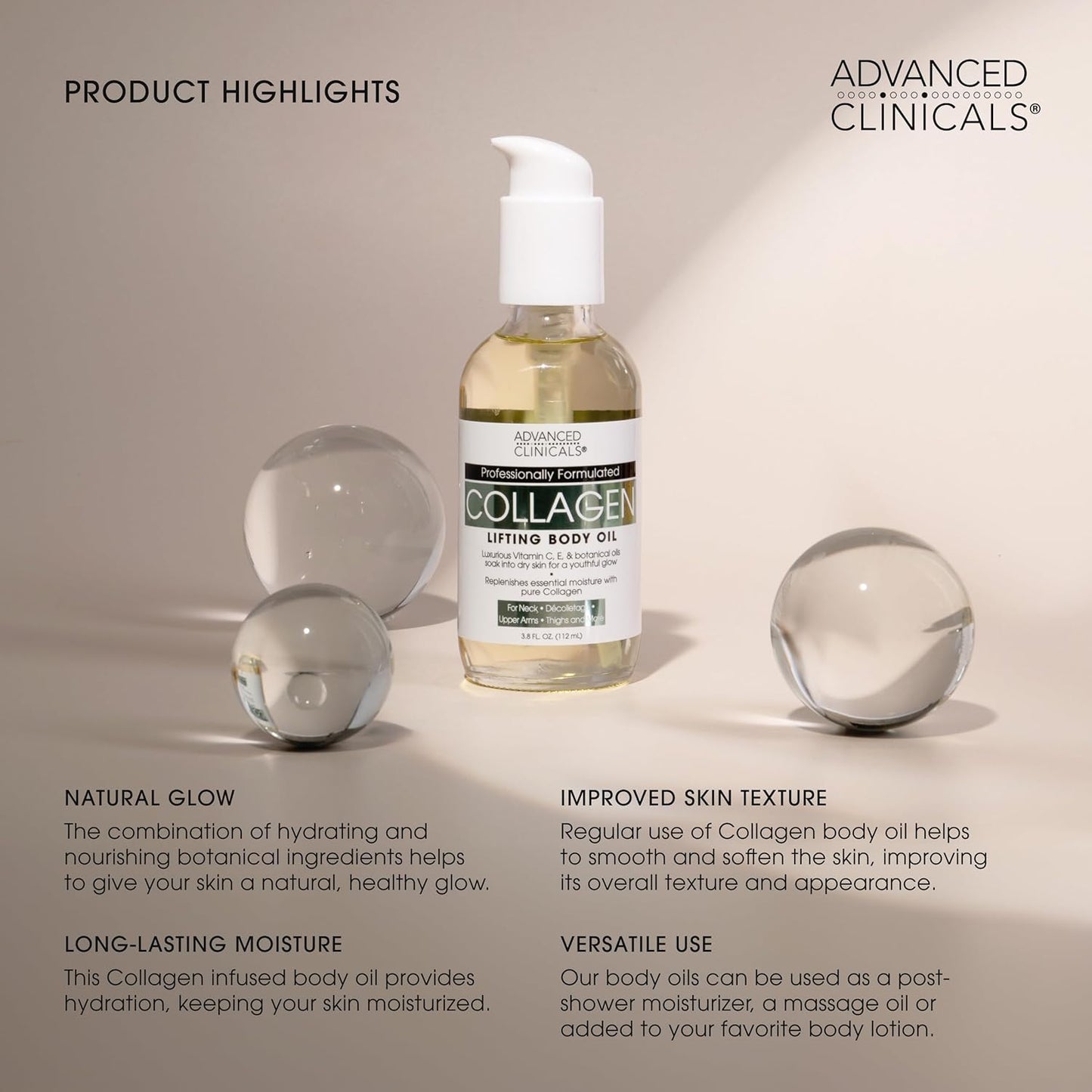 Advanced Clinicals Hydrating Collagen Oil For Body & After Shower | Visible Anti Aging Moisturizing Collagen Body Oil For Women & Men Helps Soften Appearance Of Crepe Skin & Wrinkles, 3.8 Fl Oz, 2pc