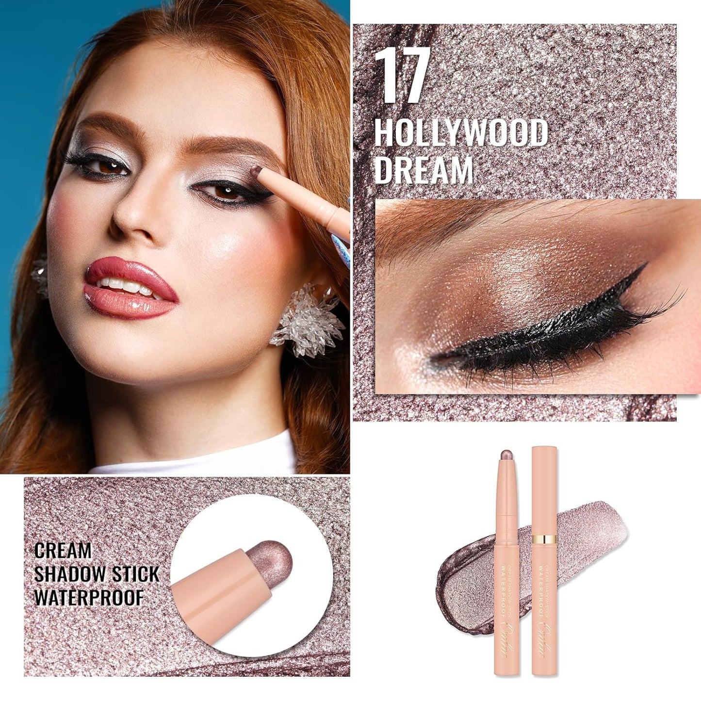 Oulac Waterproof Eye Shadow Stick Smooth and Long Lasting, Shimmering Glitter Finish, Blendable Eyes Makeup, Vegan & Cruelty-Free 3.8g, 17 Hollywood Dream