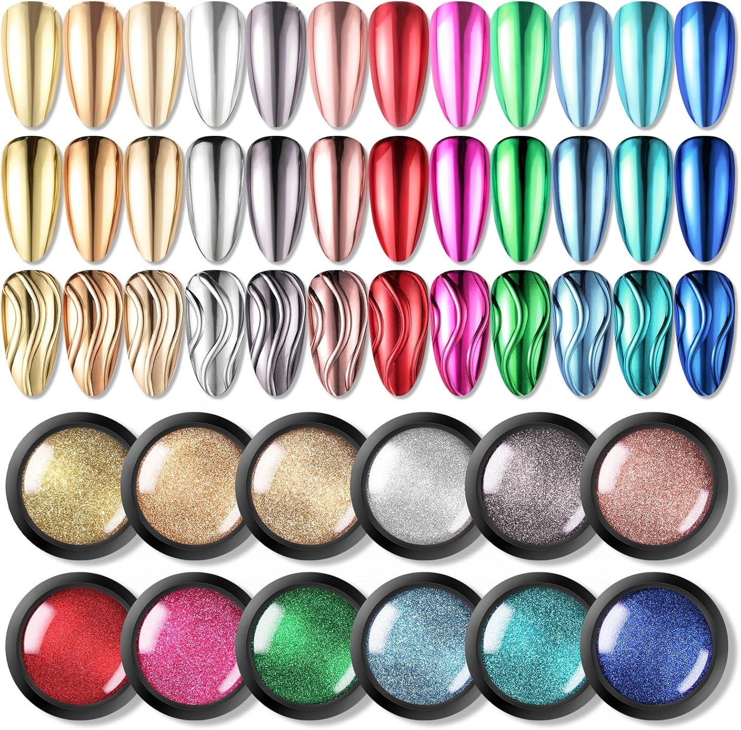 Born Pretty Mirror Chrome Nail Powder Set, 12 Colors Metallic Mirror Effect Nail Powder Gold Silver Rose Gold Red Blue Holographic Aurora Chameleon Pigment for Nail Art Gel Polish Decoration Sets