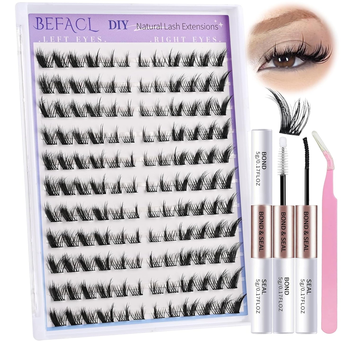 Natural Lash Clusters Wispy Cluster Eyelash Extensions Spiky Individual Lashes 8-17mm LC Curl Manga Eyelash Clusters with Lash Bond and Seal Soft Lashes Clusters Kit(132Pcs)