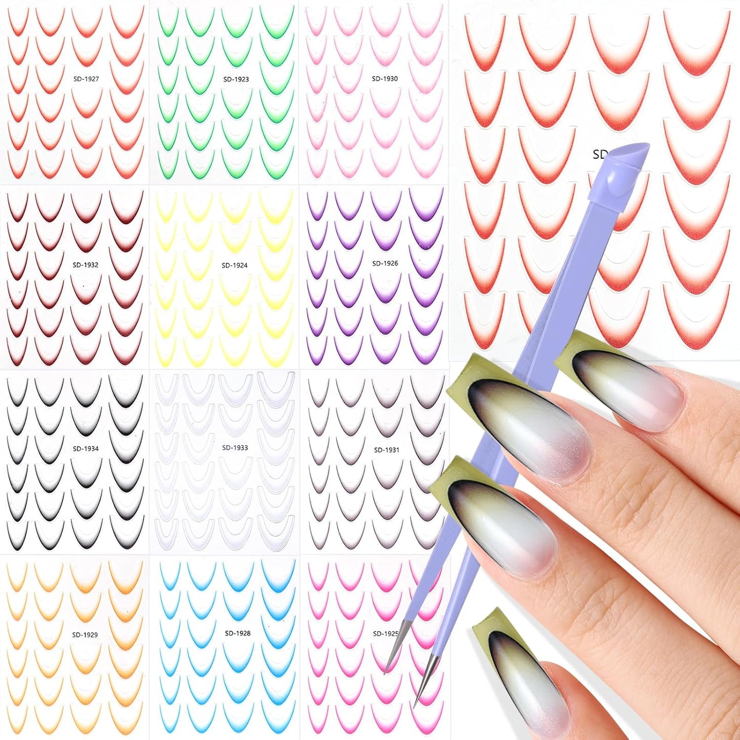 12 Sheets Colorful French Tip Nail Stickers, Gradient French Line Nail Art Stickers with Tweezer, French Tip Nail Decals 3D Self-Adhesive Nail Tips Guides for Women Manicure Decoration