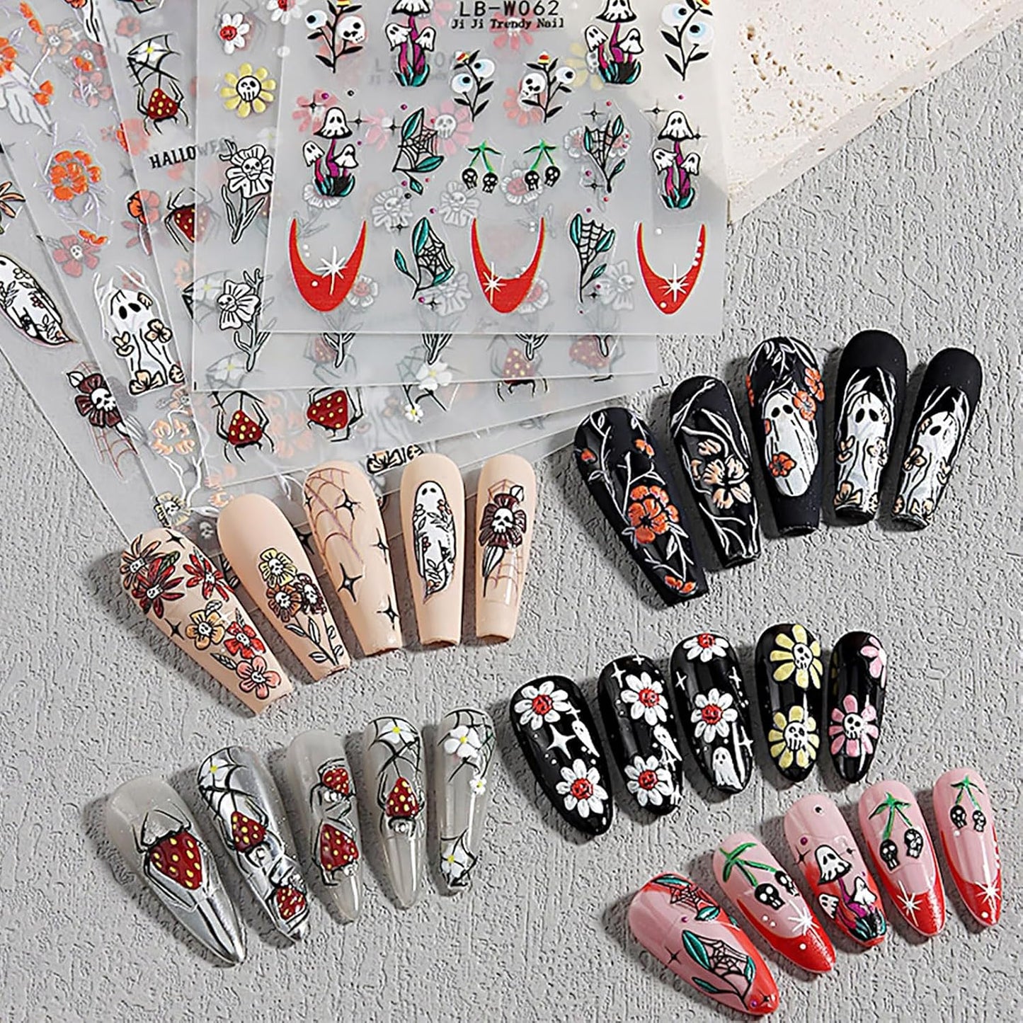 Ghost Nail Stickers 5D Embossed Halloween Nail Decals 5PCS Self-Adhesive Flower Spider Web Ghost Skull Nail Design Sticker Gothic Nail Art Supplies Accessories Cute Spooky Nail Art Stickers for Women