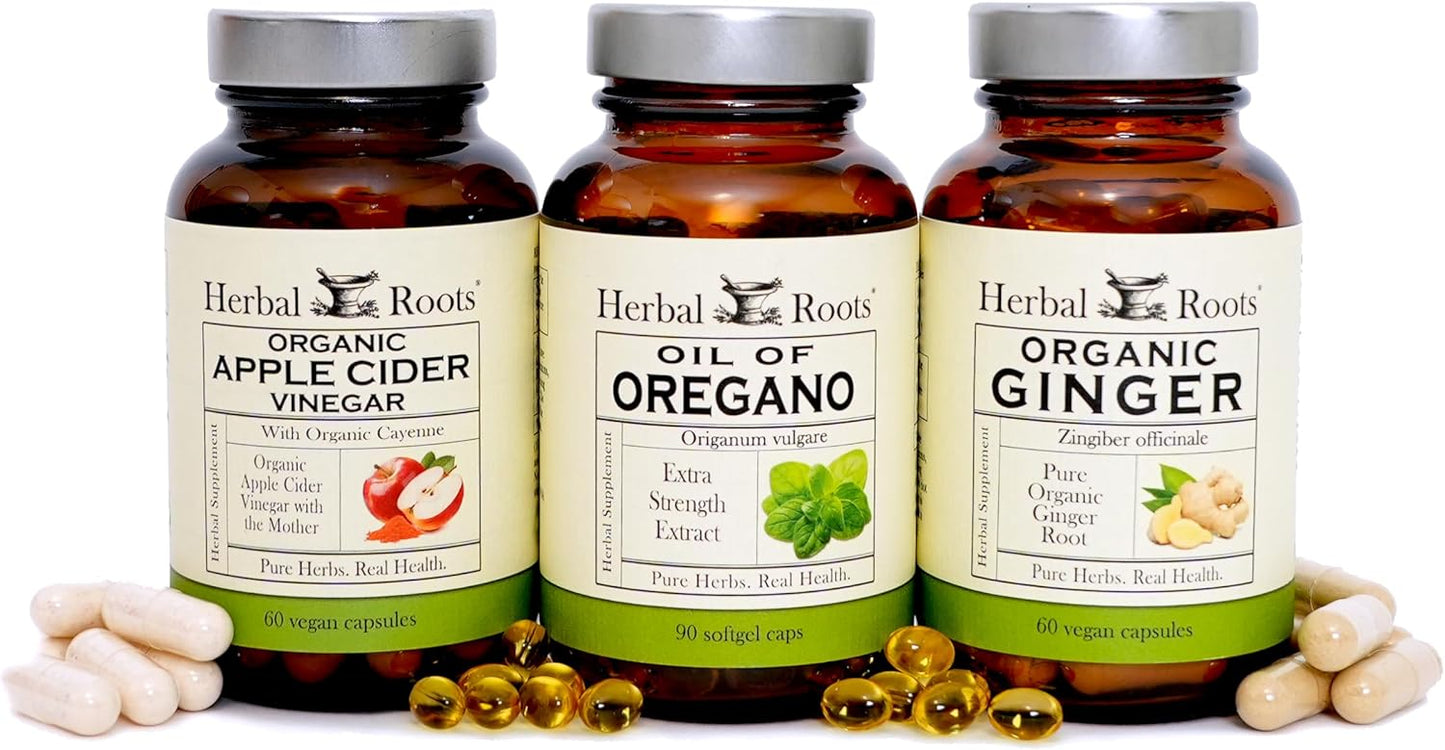 Herbal Roots Digestive Support Trio, Oil of Oregano, Certified Organic ACV & Ginger Herbal Supplements - Non-GMO