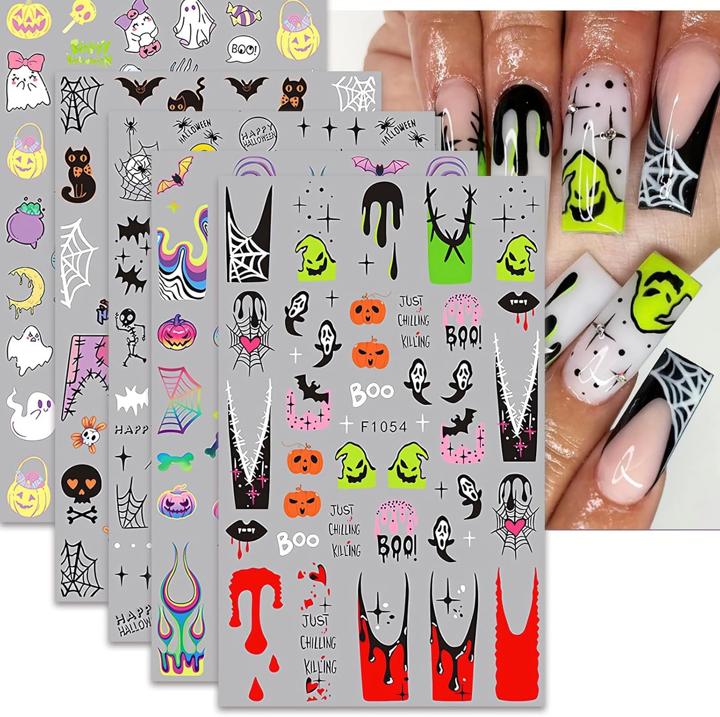 Halloween Nail Art Stickers 5 Sheets Cute Ghost Pumpkin 3D Self-Adhesive Nail Decals Spider Web Blood Flame Designs Manicure Art Fall Thanksgiving Nail Supplies for Women DIY Nail Decorations