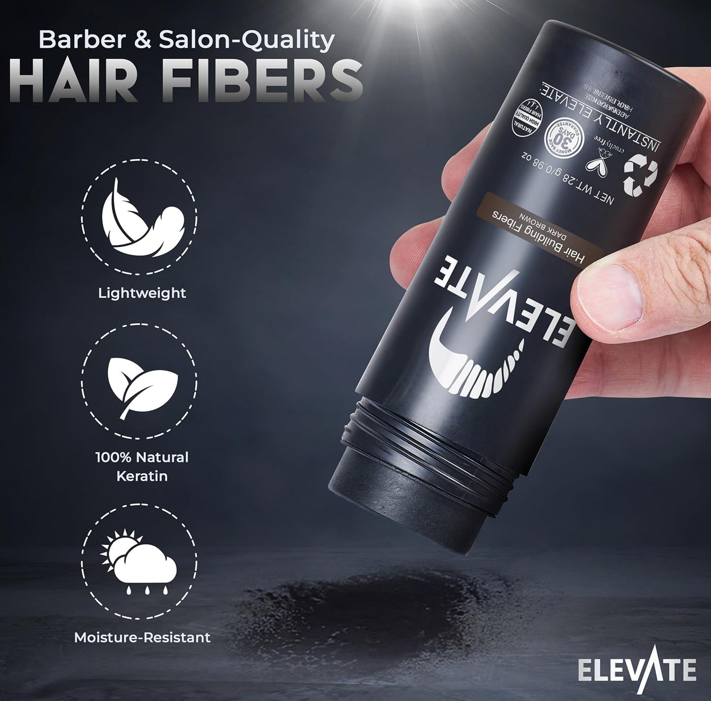 ELEVATE Hair Fibers to Instantly Thicken & Completely Conceal Thinning Balding Areas Loss in 30 Seconds for Men & Women (DARK BROWN) 28g Size - 100% Natural & Undetectable Keratin Fibers