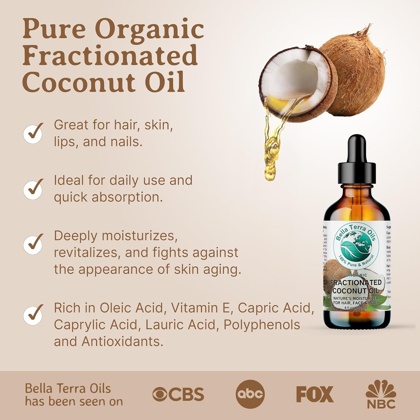 Bella Terra Oils - Liquid Organic Fractionated Coconut Oil 16oz - The Ideal Mix of MCTs & Fatty Acids, A Lustrous Elixir for Daily Skin Care