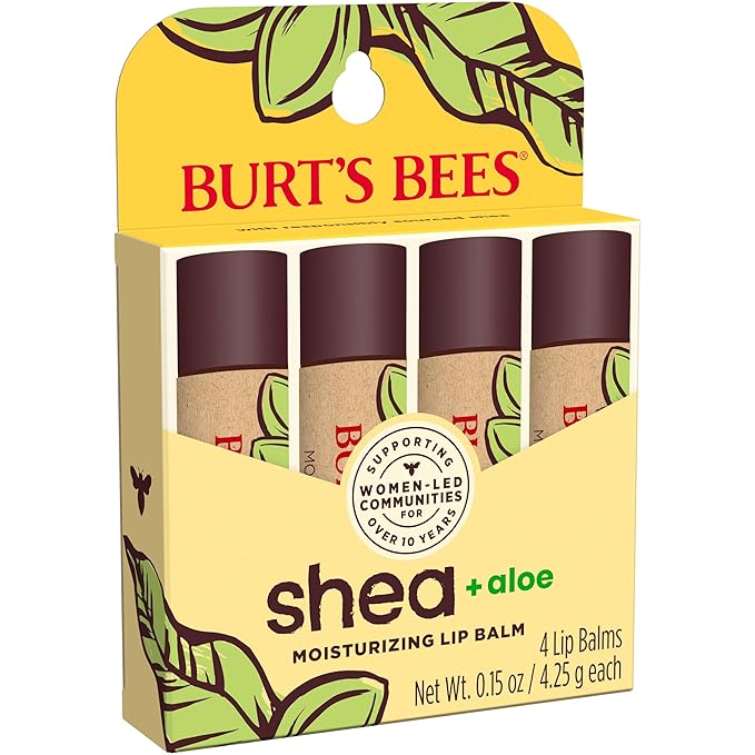 Burt's Bees Lip Balm Mothers Day Gifts for Mom - Shea and Aloe Lip Moisturizer With Responsibly Sourced Beeswax, Tint-Free, Natural Origin Conditioning Lip Treatment, 4 Tubes, 0.15 oz.