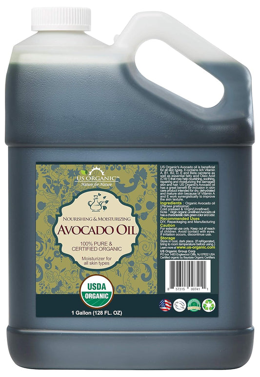 US Organic Avocado Oil Unrefined Virgin, USDA Certified Organic, 100% Pure & Natural, Cold Pressed, Size for DIY and small manufacturers (128 oz (1 Gallon))