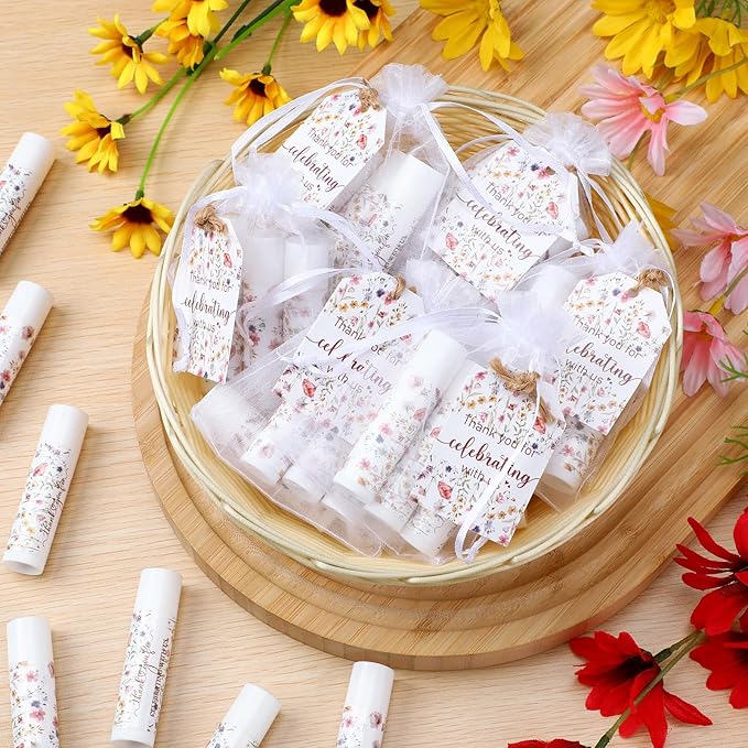 Dunzy 50 Pack Wildflower Party Baby Shower Favors Bulk Lip Balms Gifts Wedding Bridal Shower Favors Small Thank You Appreciation Gifts for Guests Women Employees Teachers Coworker Staff