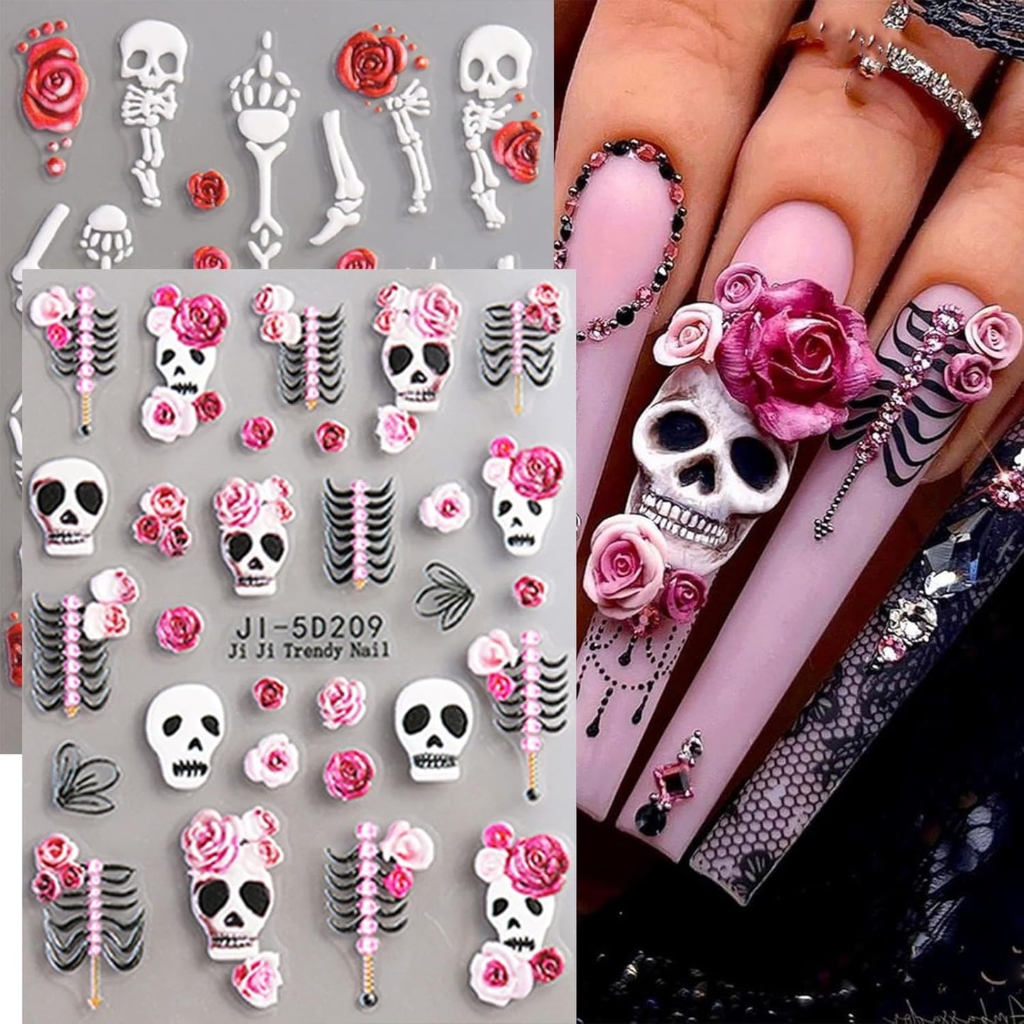 Spooky Nail Stickers Halloween Nail Decals Skull Rose Skeleton Hand Design 5D Embossed Holiday Nails Slider Manicure Accessories Supply Halloween Stickers for Women DIY Nail Decorations Nail Art 2PCS