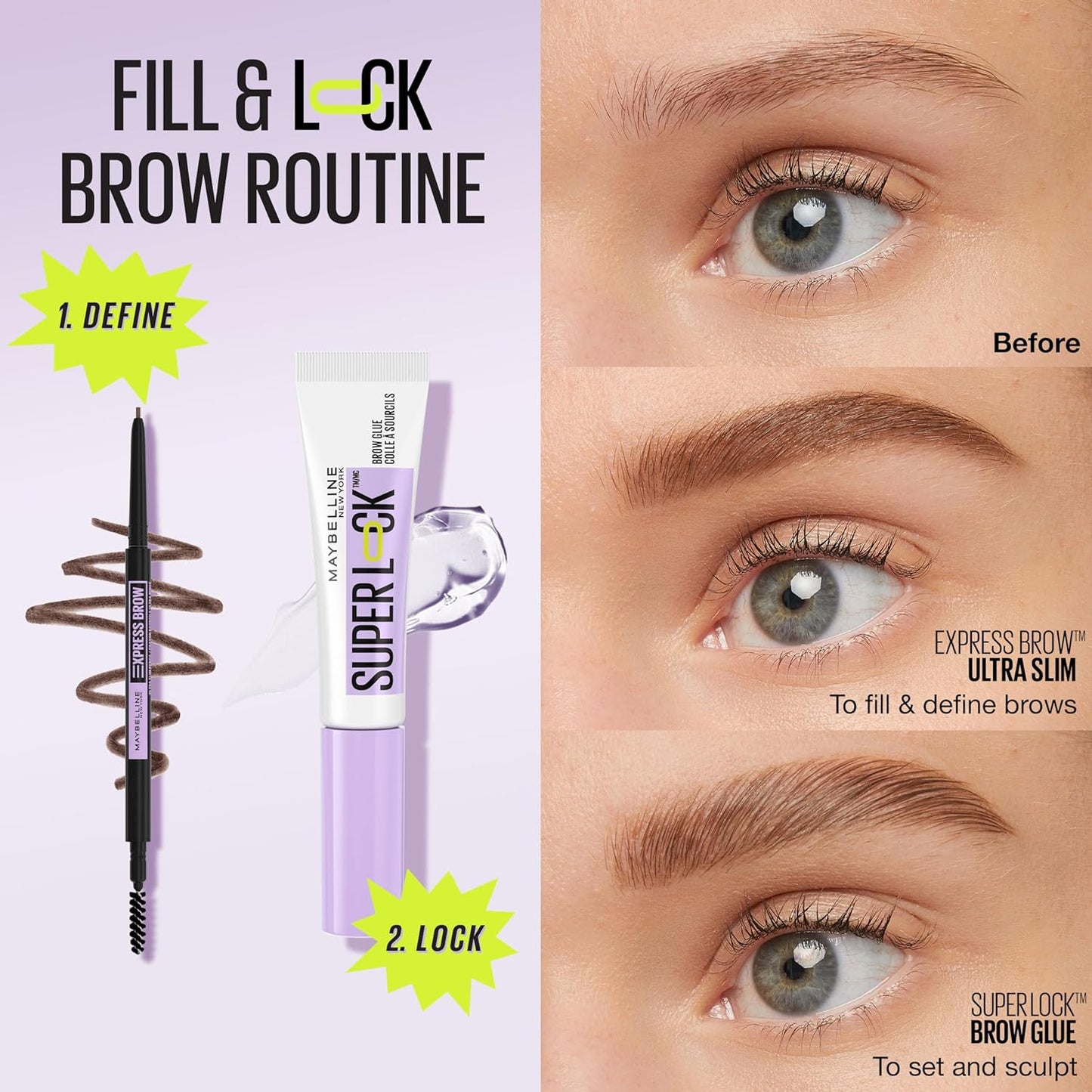 Maybelline Super Lock Brow Glue Eyebrow Gel, Lightweight Brow Gel For Up To 24HR Hold, Clear, 1 Count