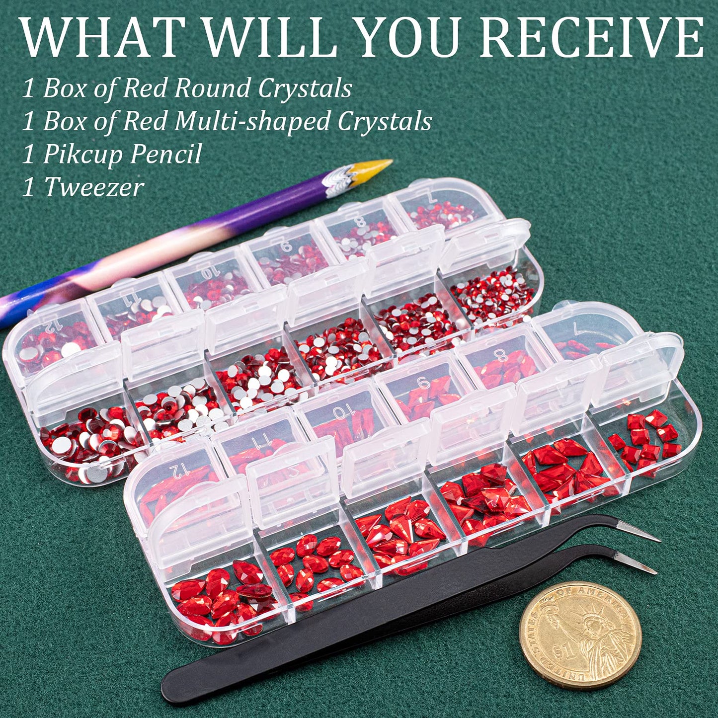 Multi Shapes Red 3D Glass Crystal Nail Art Rhinestones Kit with Flatback Round Bead Charm Gem Stone Jewelry Diamond with Pickup Pen + Tweezer for Manicure Makeup DIY Craft Decoration
