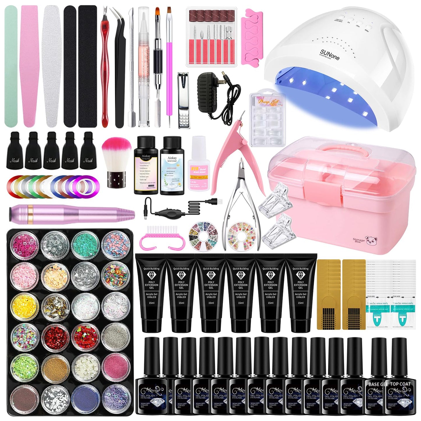 Gel Nail Polish Kit for Women with 6 Colors Extension Poly Nail Gel set, 48W UV Lamp, 12pcs nail polish set with Base Coat and Top coat,Professional Manicure Tool for Home DIY Salon
