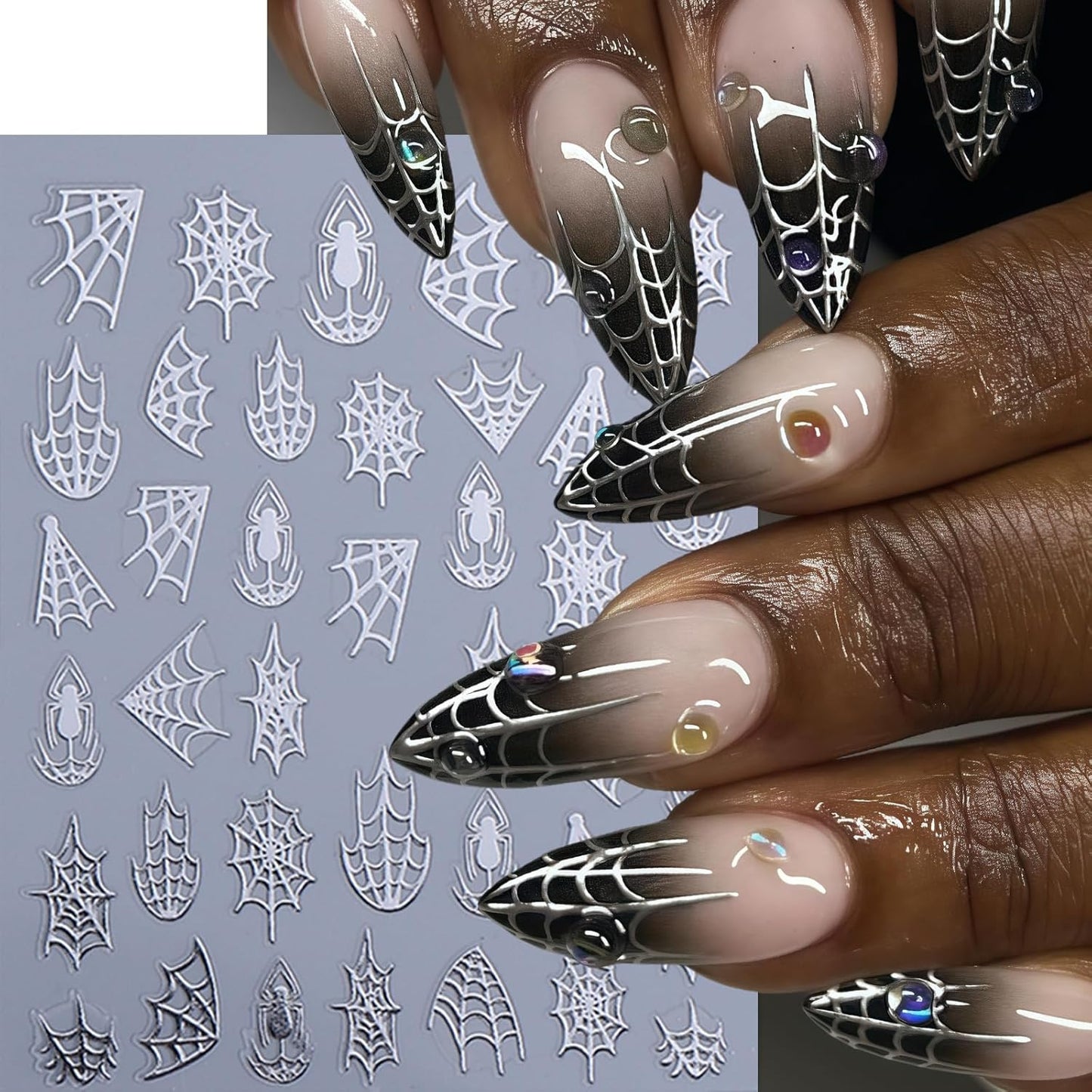 10 Sheets Halloween Nail Stickers for Nail Art 3D Self-Adhesive Spider Nail Decals Spider Web Nail Art Stickers Black White Gold Silver Laser Spider Web Nail Design for Acrylic Women Manicure Decor