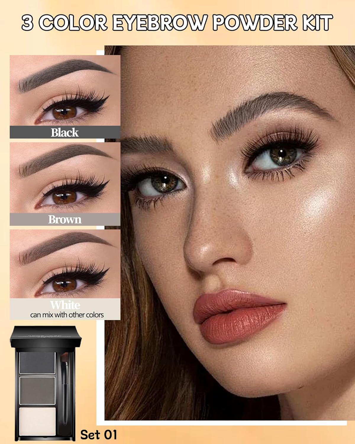 Eyebrow Powder Makeup Kit, 3 in 1 Eyebrow Kit, Brow Powder Palette Waterproof Long-Lasting, Black Brown White Brow Filler, Fill & Sculpt Full Eyebrow Kit for Women, With Mirror,Brush & Razor Set 01