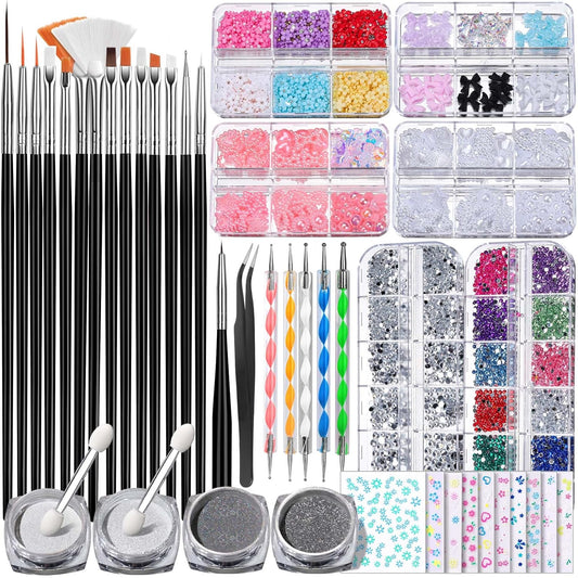 FANDAMEI Nail Art Brushes Set, Nail Art Kits, 3D Nail Charms Nail Design Tools Kit, Nail Set for Beginners ,Nail Dotting Tool, Nail Rhinestones,Chrome Nail Powder,Nail Stickers Nail Art Decoration Kit