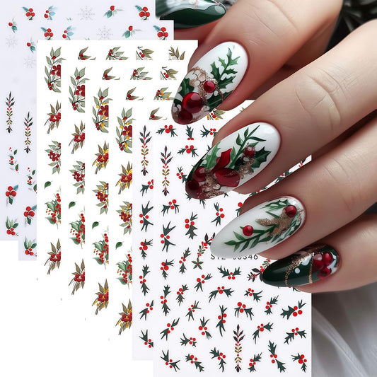 8 Sheets Christmas Nail Stickers for Nail Art, Christmas Holiday Holly Leaves Nail Decals Design 3D Self-Adhesive Winter Leaves Nail Art Stickers Supplies for Women Holiday DIY Manicure Decoration