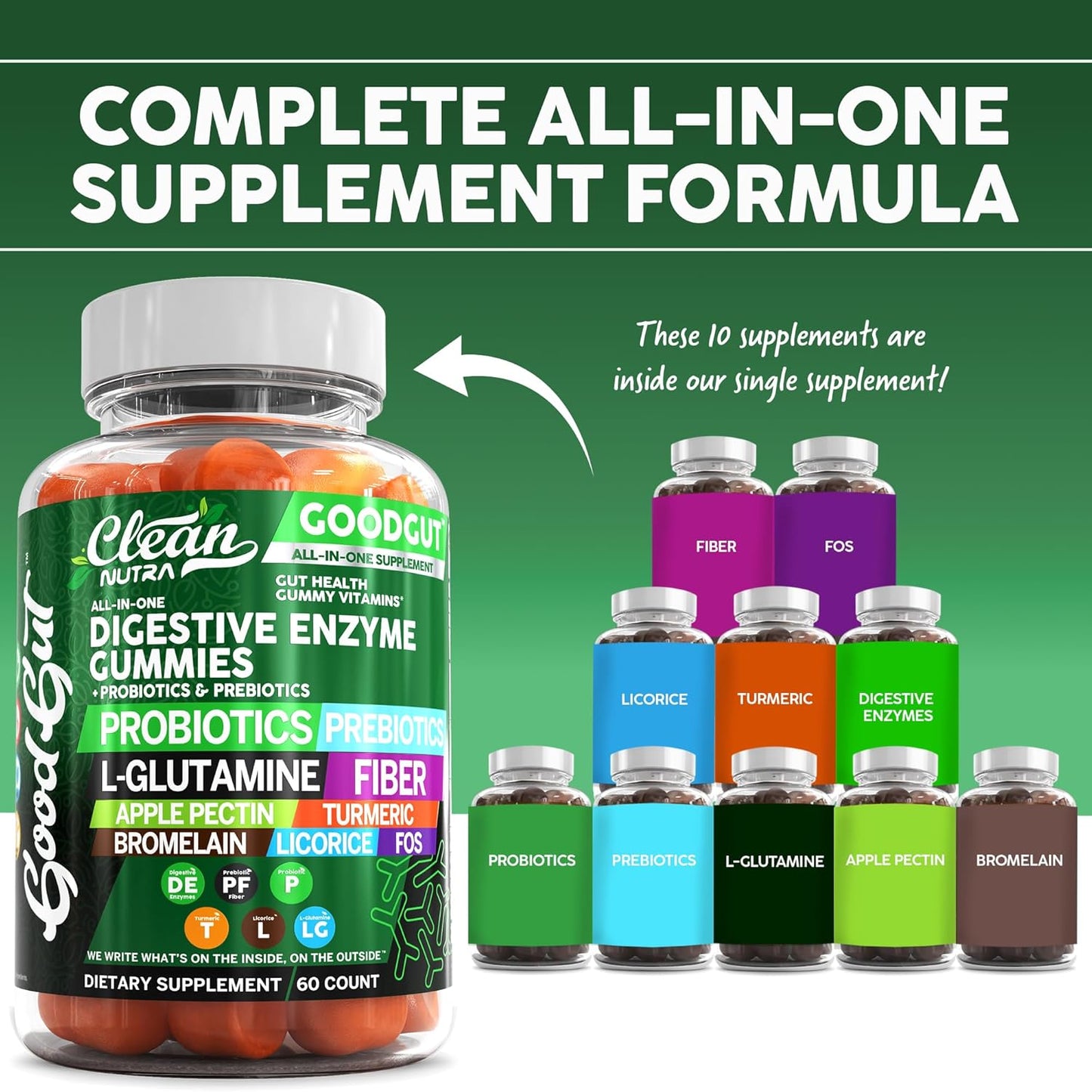 Clean Nutraceuticals Digestive Enzymes with Probiotics & Prebiotics for Digestive Health Gummies & L-Glutamine for Gut Health Bromelain Apple Pectin Inulin FOS Plant Based Vegan Gummy Vitamins