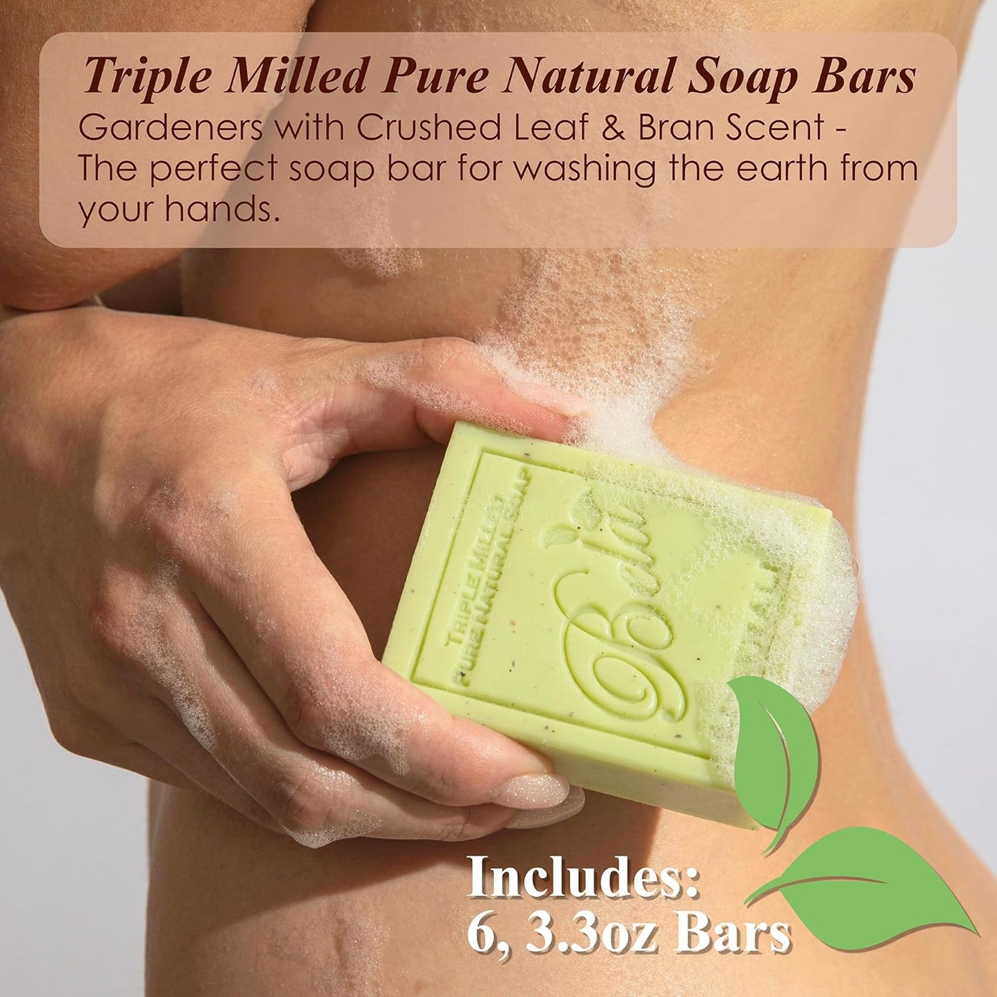 BELA Gardeners with Crushed Leaf and Bran Soap 3.3 OZ Pack of 6, Long Lasting French Triple Milled Bar Soap with Organic Shea Butter, Hand, Face and Body Wash Bar, Made in Australia
