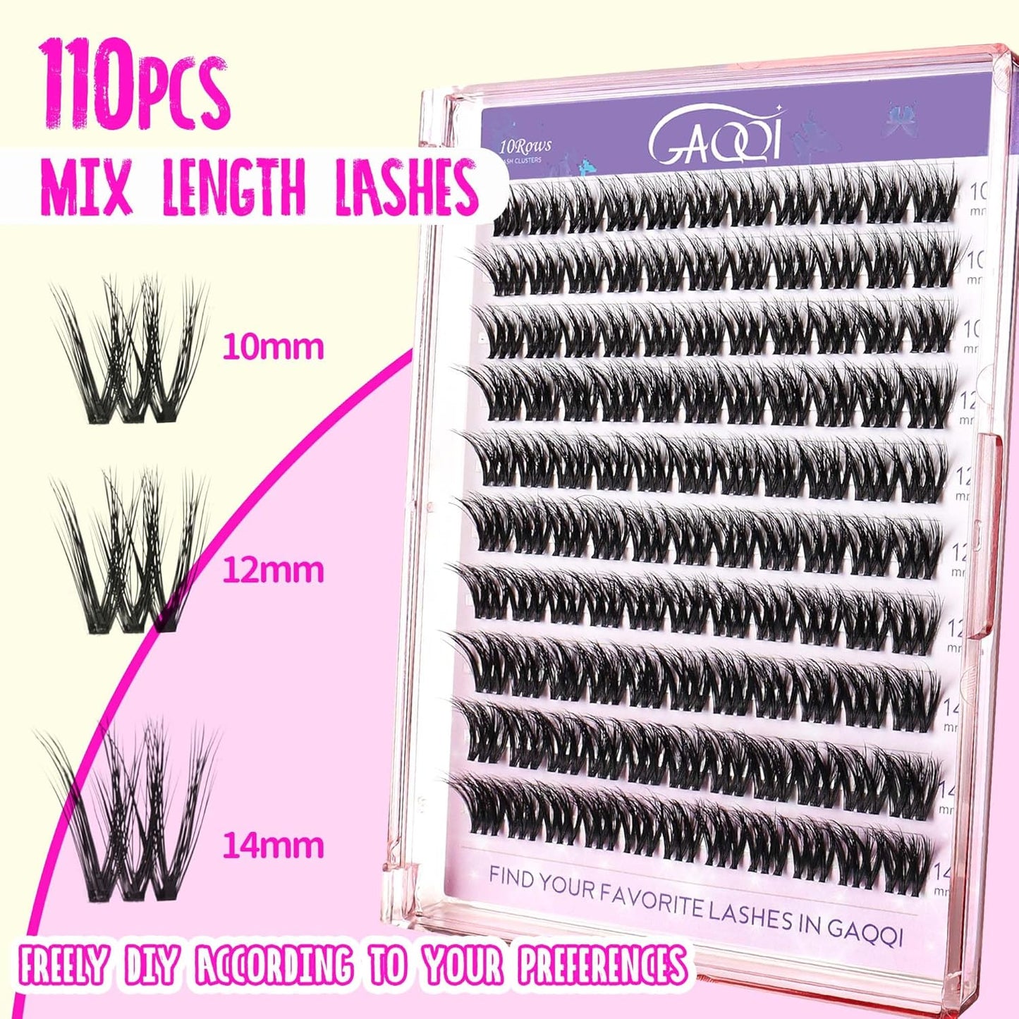 GAQQI Lash Clusters Kit, DIY Lash Extensions Kit 10-14mm Cluster Lashes, Wispy Eyelash Clusters with Lash Bond and Seal+Lash Tweezer+Remover+110pcs Thin Band Individual Lashes (3D-GQ08-KIT)