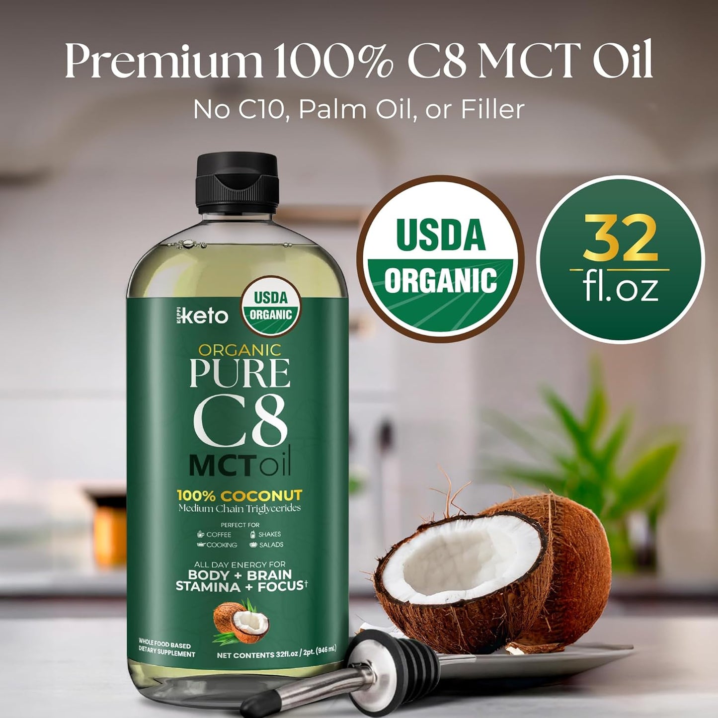 Keppi Keto Organic MCT Oil - Flavorless C8, Non-GMO, Certified Gluten-Free, Palm Oil Free, Vegan, Kosher, Halal, 32 oz Coconut Oil