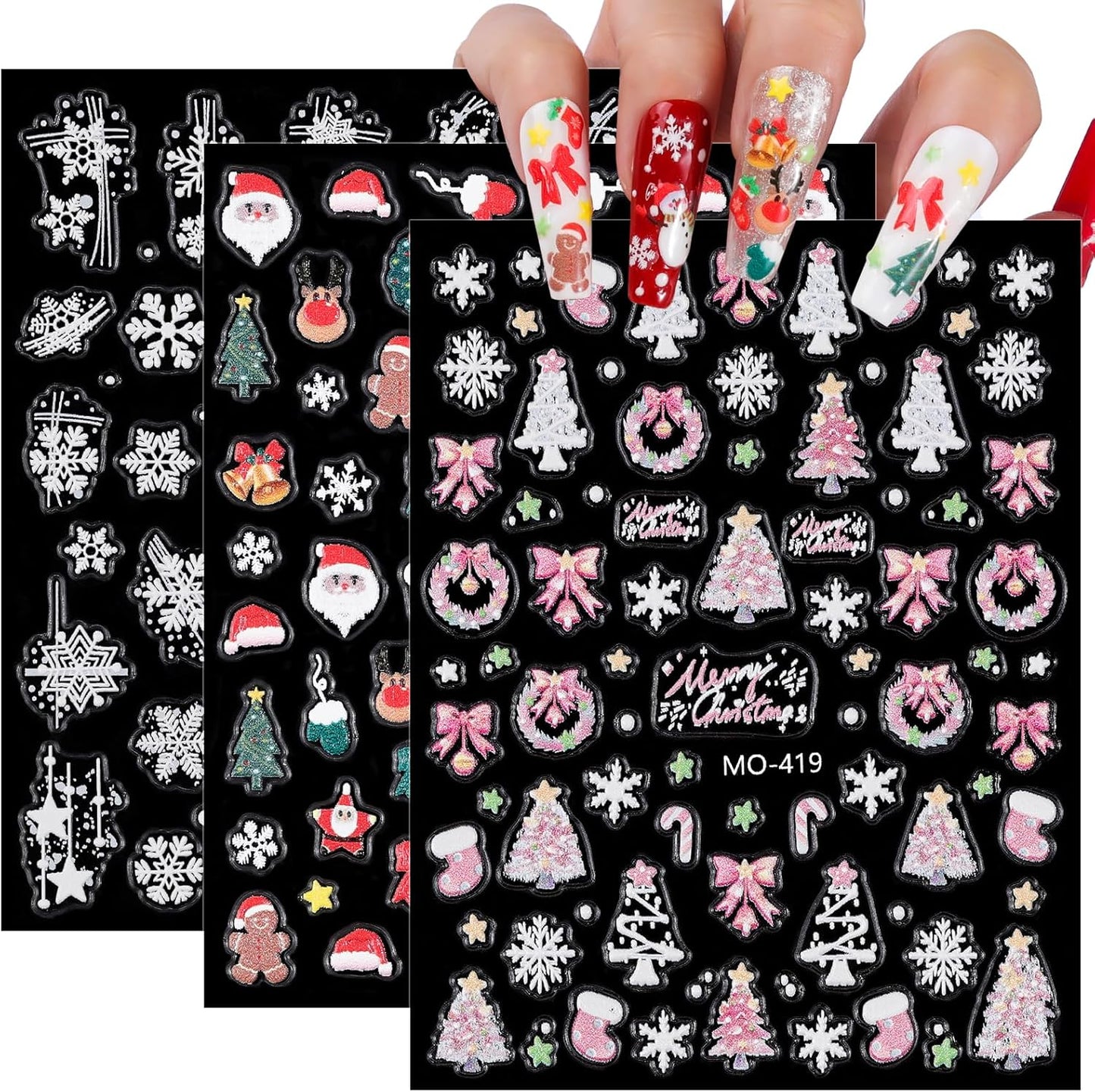 Christmas Nail Art Stickers 3 Sheets 5D Embossed Self Adhesive Nail Decals Snowflake Santa Claus Christmas Tree Elk Reindeer Bow Tie Designs Nail Stickers for Women DIY Manicure Supplies Holiday Gift