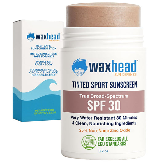 Waxhead Tinted Zinc Sunscreen Stick Face SPF 30 - Reef Safe Sunscreen, Tinted Zinc Oxide Stick Biodegradable, Waterproof, Skin Tone, Food-Grade, Non-Nano, Natural Non-Toxic Kids, Surfing (Tint, 3.7oz)