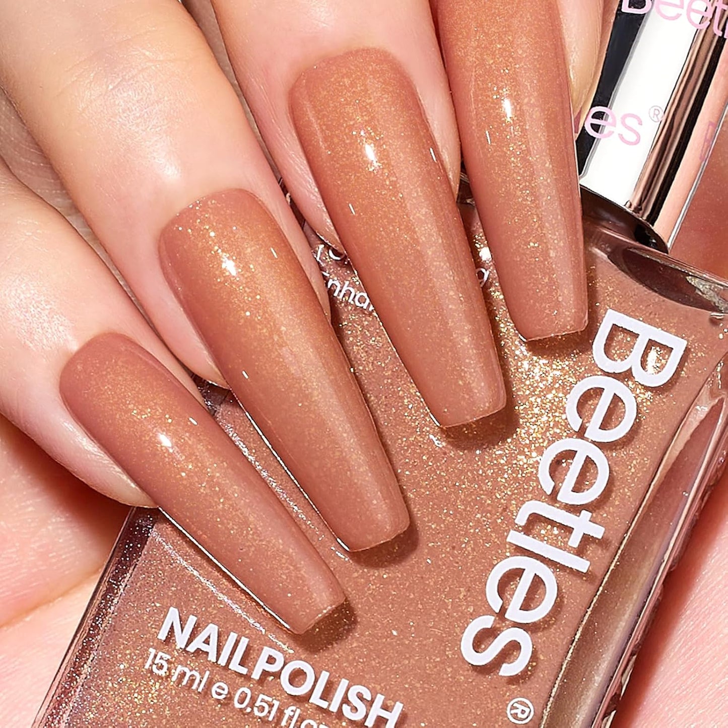 Beetles Glitter Brown Nail Polish –No UV Needed, Air Dry–Rosy Gold Shimmer Nude Rose Nail Lacquer–Fast Drying,Long Lasting,Salon-Quality Polish At-Home DIY