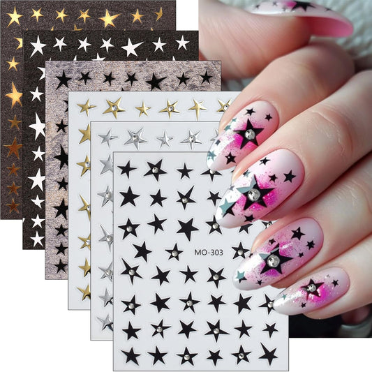 6Pcs Star Nail Art Decoration Stickers - 3D Glitter Decals With Crystal Rhinestones Design for Manicure - Irregular Five-Pointed Charms Supplies for Women