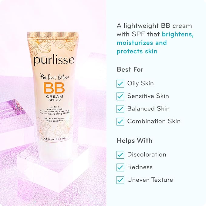 pūrlisse Perfect Glow BB Cream with SPF 30 - Matte Meets Dewy Finish - Enriched with Goji & Hawthorn Berry to Help Improve Skin Texture & Radiance - Fair (1.4 oz)