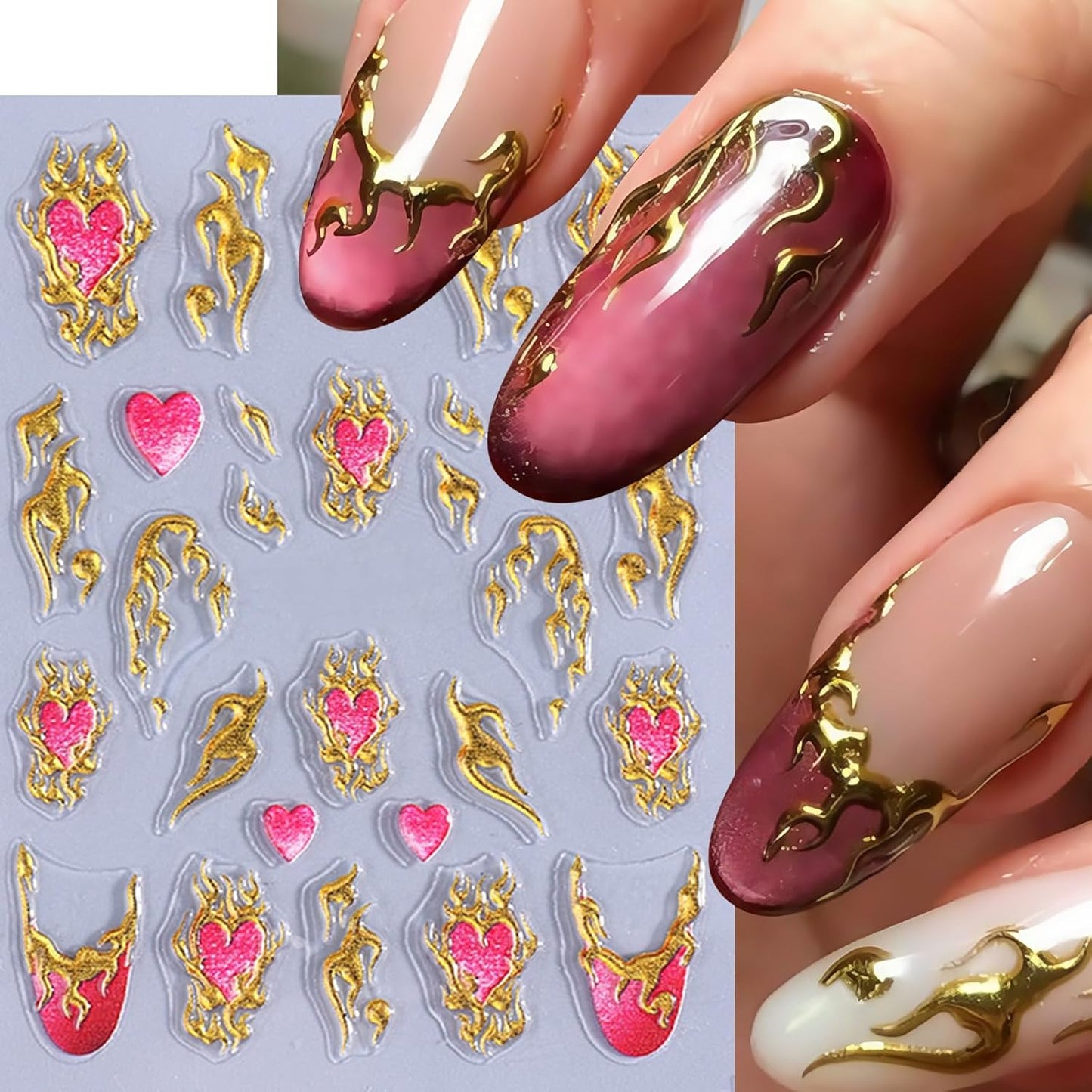 3 Sheets Bohemian Style Nail Decals Embossed Star Nail Art Stickers 5D Self-Adhesive Sun Moon Nail Stickers Flame Heart French Designs Nails Decor Boho Manicure Accessories for Women Nail Supplies