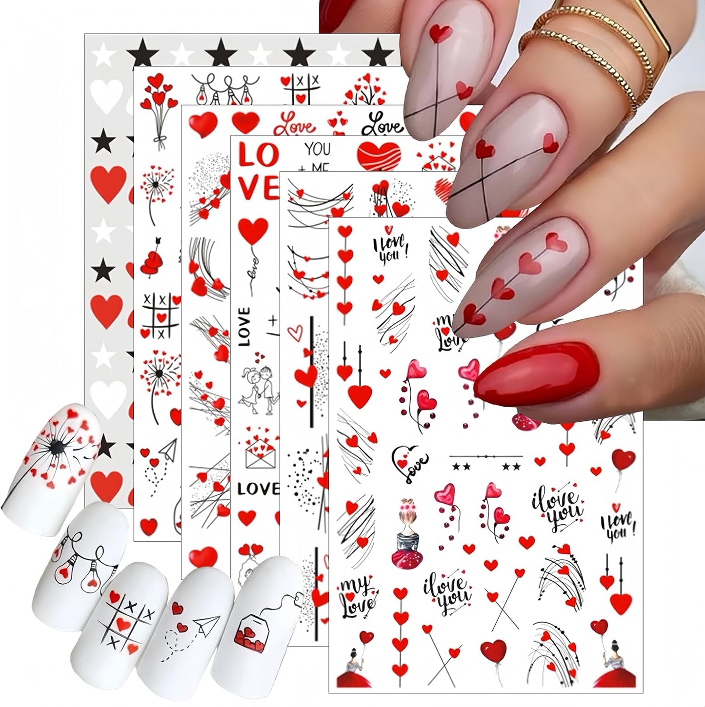 6 Sheets Valentine's Nail Stickers 3D Self-Adhesive Red Couple Balloon Pattern Stickers Romantic Design for Women Girls Valentine's Nail Art Decoration