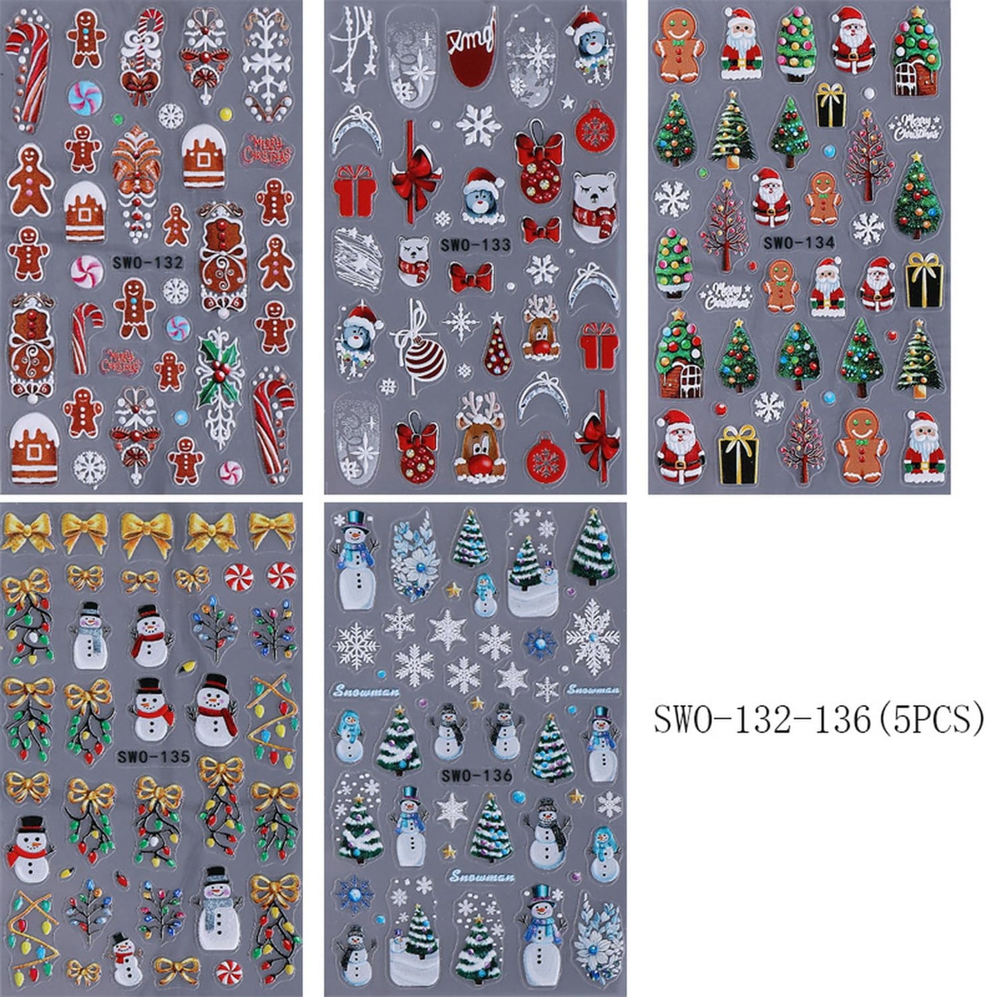 5 Sheets Christmas Nail Art Sticker Snowman Elk Christmas Tree Gingerbread Man Design Winter Xmas Self-Adhesive Snowflake Santa Claus Nail Stickers Decals for Nails Supplies Christmas Nail Decoration
