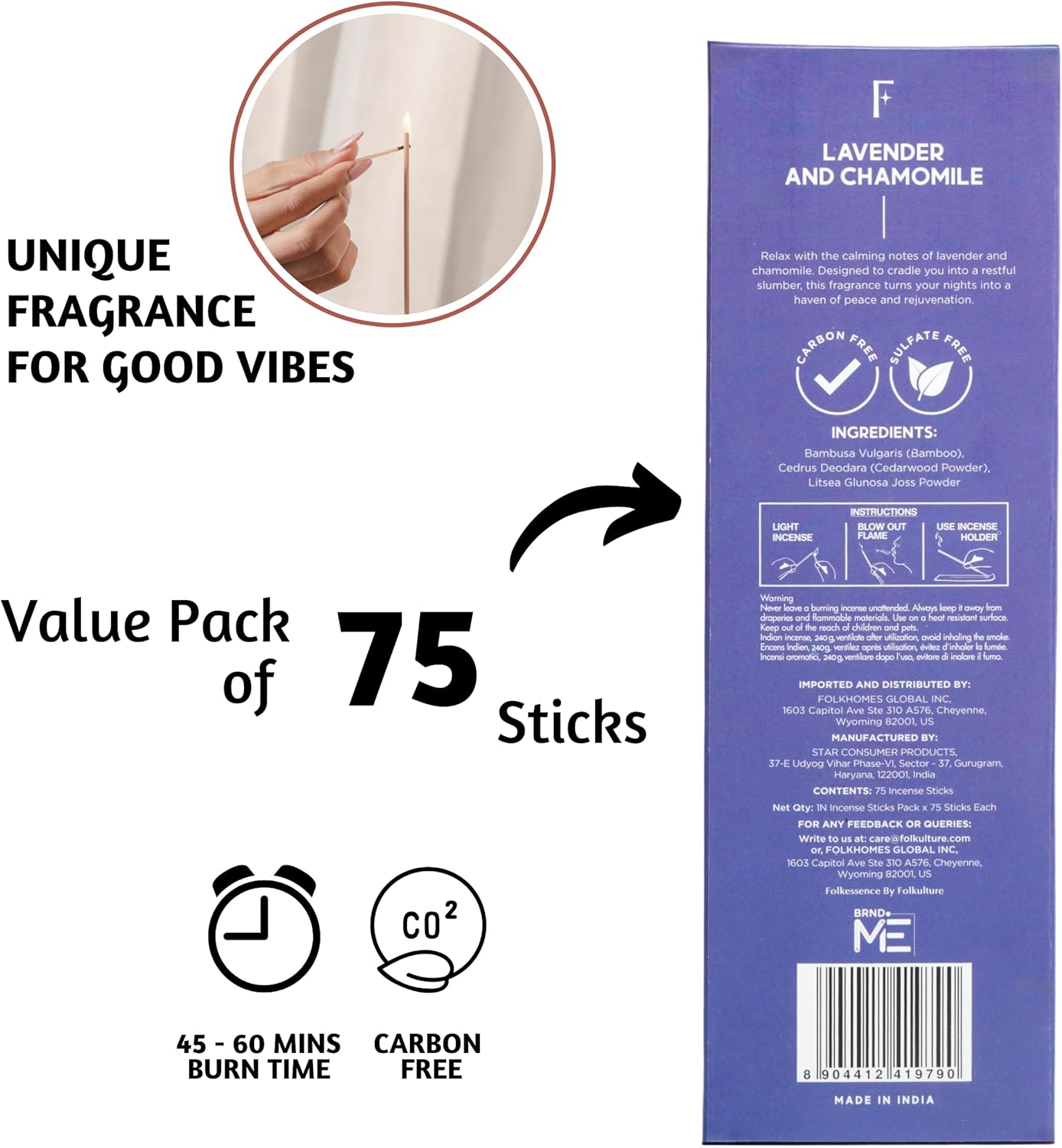 Folkulture Incense Stick for Home | Pack of 75 (8") Non Toxic Insence-Sticks for Meditation with 45 Mins Burn Time | Organic Insence, Lavender Inscents-Sticks | Chamomile Inscent Stick for Gifts
