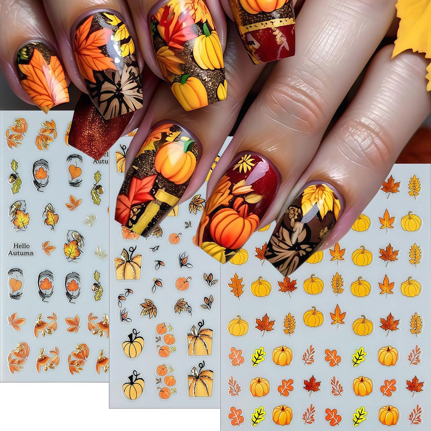 6 Sheets Fall Nail Stickers Thanksgiving Nail Decals 3D Self-Adhesive Glitter Autumn Maple Leaves Pumpkin Design Stickers Fall Maple Leaf Nail Art Sticker for Women Holiday DIY Manicure Decoration