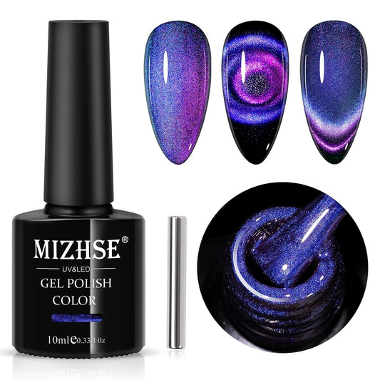 MIZHSE 9D Cat Eye Gel Nail Polish, Dual Colors Purple & Pink Magnetic Gel Polish with Magnet Stick, Magic Chameleon Galaxy Effect Holographic Glitter Silky Cat Eye Nail Polish Soak Off Nail Art Salon