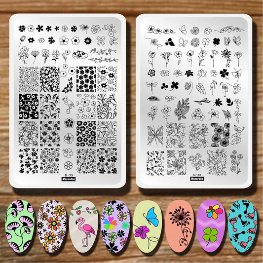 Flowers Leaf Nail Stamping Plates 2pcs Large Nail Stamper Plate Daisy Flower Flamingo Butterfly Image Stamp Templates Reusable Stencils Clover Plantillas Manicure Stamping Plate Template for Girls
