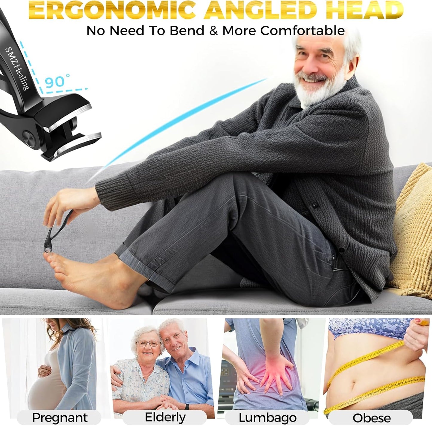 2025 Toenail Clippers for Men Thick Toenails- 15° Angled Head Toe Nail Clippers, 45° Sharp Slanted Curved Nail Clippers, 37mm Wide Opening Heavy Duty Toenail Clippers with Long Handle 5PCS