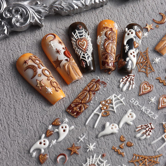 Halloween Nails Art Stickers Decals Cute White Ghost Nail Decals 5D Embossed Pumpkin Spider Web Nail Sticker Self-Adhesive Skull Nails Art Decal for Women Halloween Decor