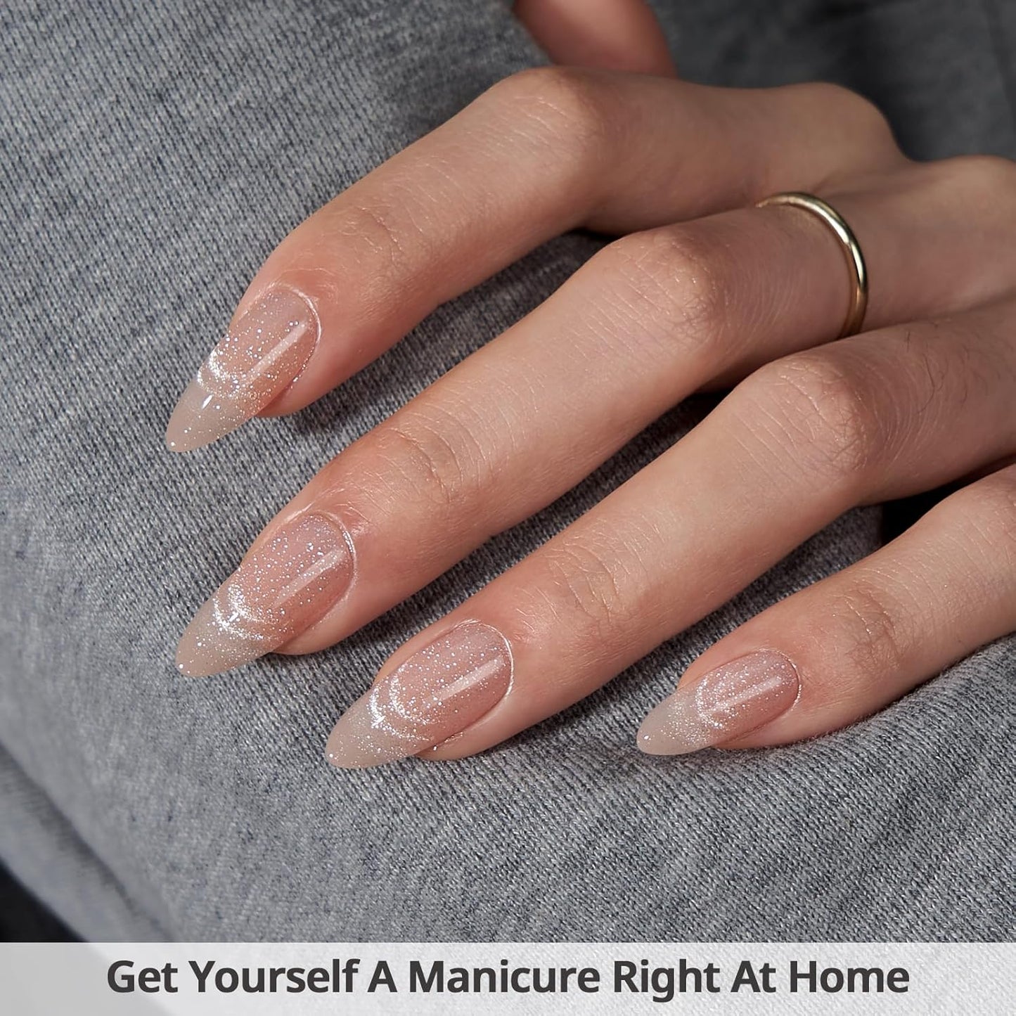 BTArtbox Almond Press On Nails Medium - Lamp-Curable Cat Eye Press On Nails with Glue for Women, Semi-Transparent Soft Gel Glue On Nails in 15 Sizes - 30 Stick On Nails Kit, Sunlit Shimmer