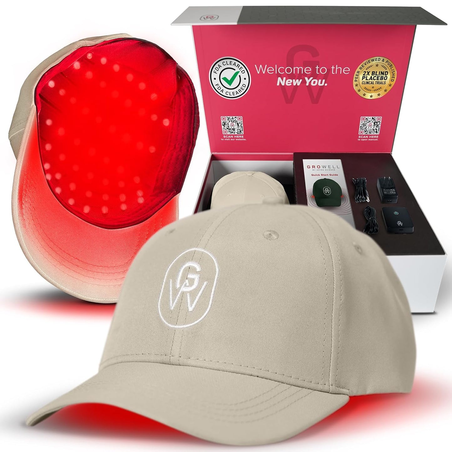 GroWell Red Light Therapy Hair Growth Cap – FDA Cleared Laser Treatment for Hair Regrowth and Reduced Shedding – LED & Laser Red Light Therapy Clinically Proven in Double-Blind Studies -Beige