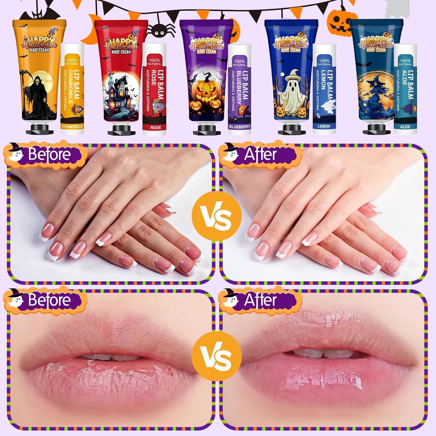 VESPRO 50 Pack Halloween Hand Cream and Lip Balm Set, Bulk Halloween Gifts with Halloween Cards and Organza Bag, Halloween Decorations and Halloween Party Favors Goodies for Women