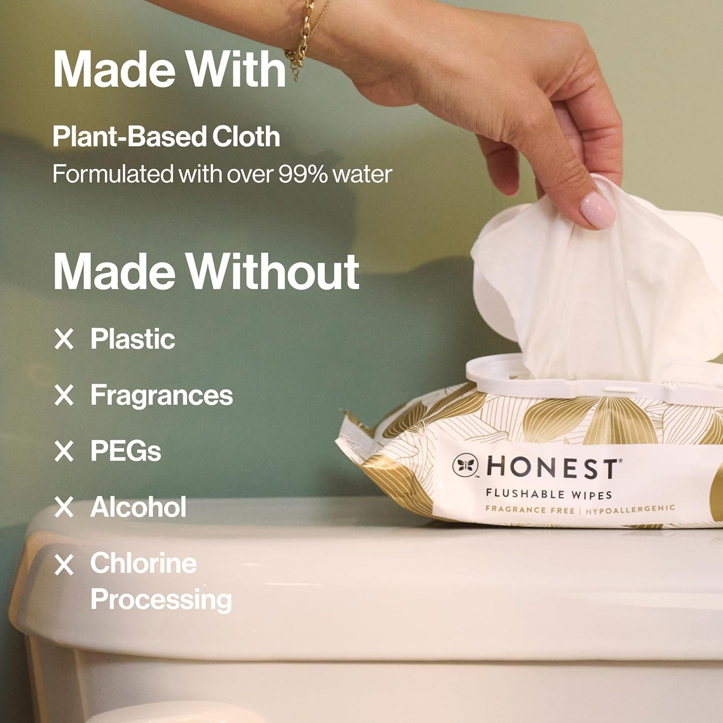The Honest Company Flushable Wipes for Sensitive Skin | Fragrance Free, Hypoallergenic, 99% Water, Safe to Flush | pH Balanced Feminine Wipes | Gilded Wings, 126 Count