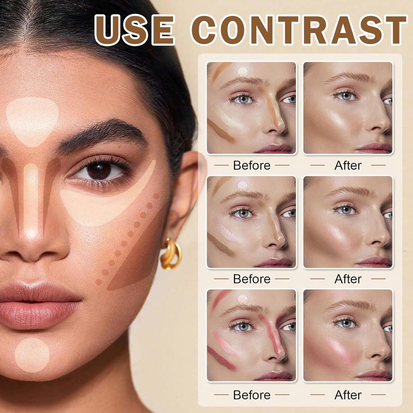 CAHIUYOA 6 Colors Cream Contour Kit with Bronzer and Highlighter Sticks, Beginner & Professional Makeup Set with Sponges and Multifunctional Brush