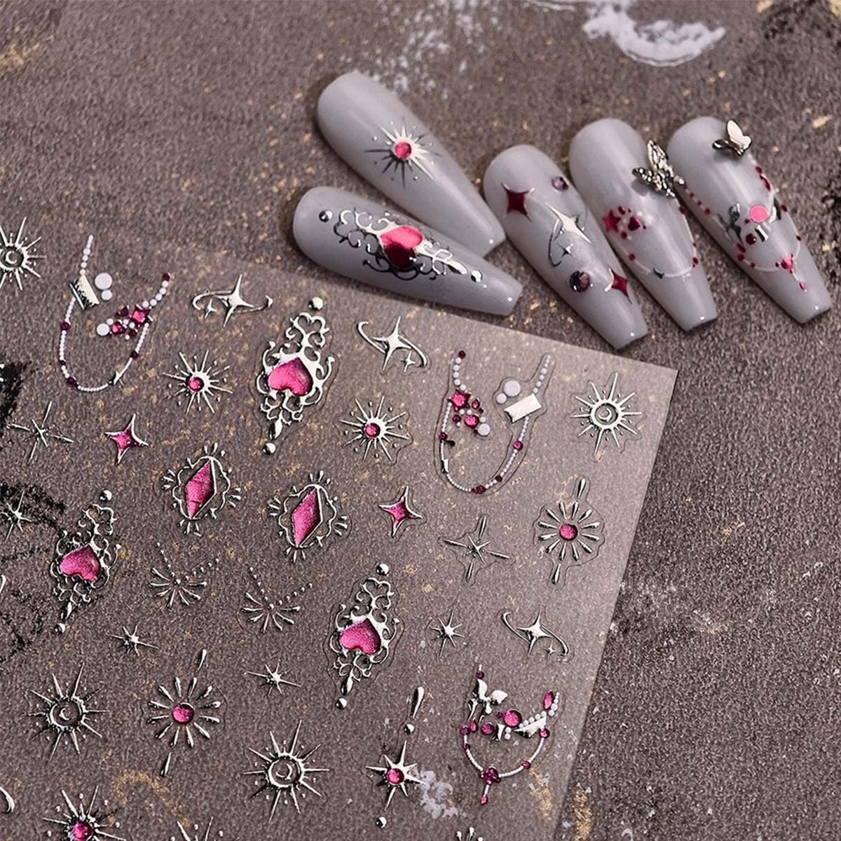 5D Embossed Heart Nail Stickers Decals 3D Self-Adhesive Star Nail Art Stickers Sliver Nails Art Decals Jelly Design Nail Supplies Cute Nails Accessories for Women DIY Manicure Decoration 1Sheet