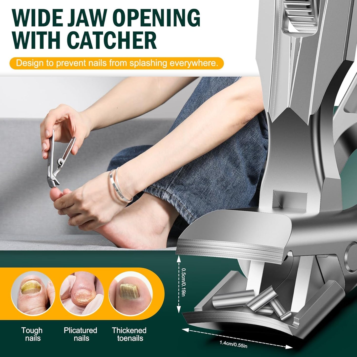 FVION Angled Head Toe Nail Clippers for Thick Nails - Ergonomic Long Handle Toenail Clippers for Seniors with Safety Lock, Stainless Steel Finger Nail Clippers with Catcher for Men and Women (Silver)