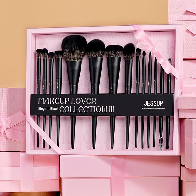 Jessup Makeup Brushes Set Jessup Make up Brushes 14Pcs Black Kabuki Foundation Eyeshadow Contour Concealer Powder Eyeliner Crease Eyebrow Blending Brush with Gift Box, T336-G
