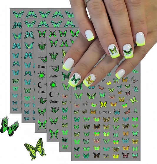 6 Sheets Luminous Butterfly Nail Art Stickers 3D Self-Adhesive Butterfly Nail Decals Holographic Butterflies Nail Art Supplies for Women Manicure Glow in The Dark Decoration Fluorescent Nail Decal